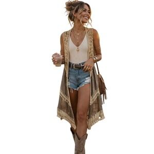 Umgee Boho Crochet Open Front Duster Vest Fringe Taupe Cream Festival Medium